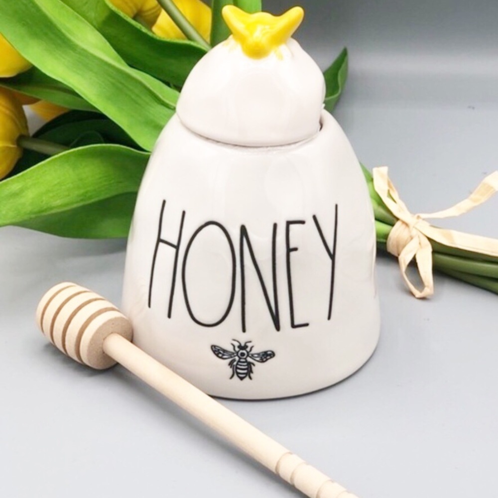 Rae Dunn Magenta Farmhouse Honey Pot With Yellow Bee Topper and Wooden Dipper